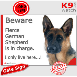 Shorthaired German Shepherd “I only live here…!” sign, black and tan, weather-resistant, made in France – original GSD gift