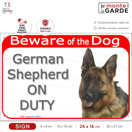 German Shepherd “ON DUTY” gate sign, black and tan, weather-resistant, made in France – strong warning for homes with a GSD