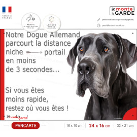 Danois entièrement noir, plaque humour "parcourt distance Niche-Portail moins 3 secondes, rapide" photo Dogue Allemand attention