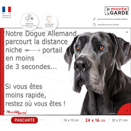 Dogue Allemand noir, plaque humour "distance Niche-Portail 3 secondes" 3 Tailles Dogue Allemand noir, plaque humour "distance Niche-Portail 3 secondes" 3 Tailles