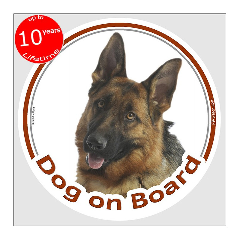 German Shepherd “Dog on Board” sticker, black and tan full coat, weather-resistant, made in France – practical gift for owners