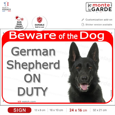 Black German Shepherd “ON DUTY” gate sign, longhaired GSD, weather-resistant, made in France – strong warning for home entrances