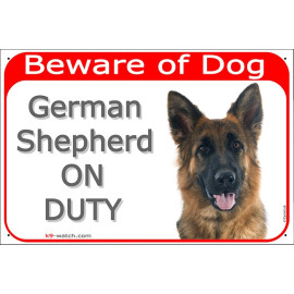 Longhaired German Shepherd “ON DUTY” sign, black and tan GSD, weather-resistant, made in France – practical gift for dog owners