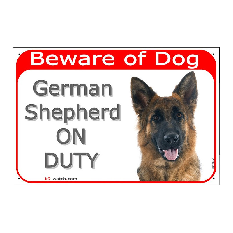 Longhaired German Shepherd “ON DUTY” sign, black and tan GSD, weather-resistant, made in France – practical gift for dog owners