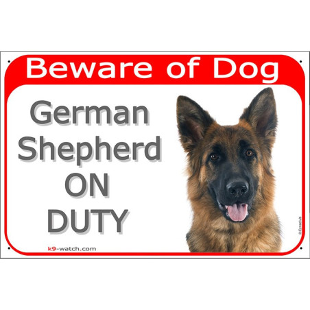 Longhaired German Shepherd “ON DUTY” sign, black and tan GSD, weather-resistant, made in France – practical gift for dog owners