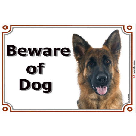 Beware of Dog sign, black and tan Longhaired German Shepherd, weather-resistant for outdoor use, made in France – ideal GSD gift