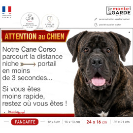 Pancarte Cane Corso bringé "Niche portail en 3 secondes" – Attention au chien humoristique, résiste dehors, fabriquée en France