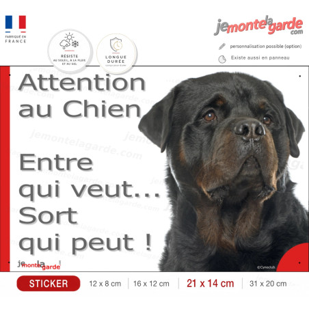 Rottweiler, sticker portail humour "Attention au Chien, Entre qui veut, sort qui peut !" photo Rott, résiste extérieur