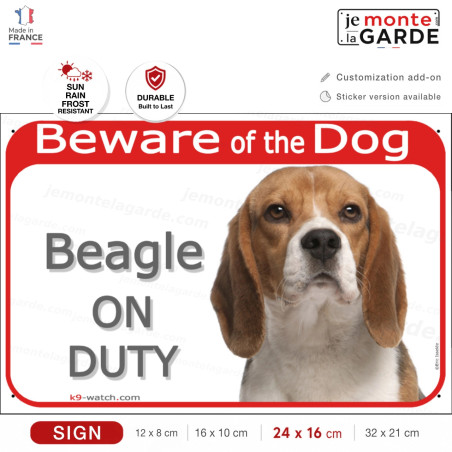 Red portal Sign "Beware of the Dog, Beagle on duty" portal placard, Door plate, gate panel photo notice