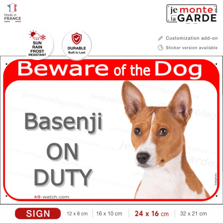 Red Portal Sign "Beware of the Dog, fawn Basenji on duty" weather resistant, made in France