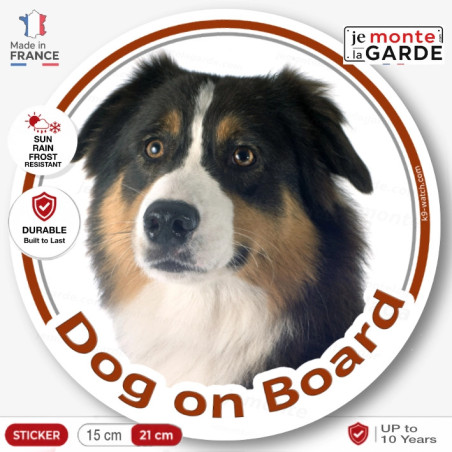 Black Tricolour Australian Shepherd, car circle sticker "Dog on board" photo, weather resistant