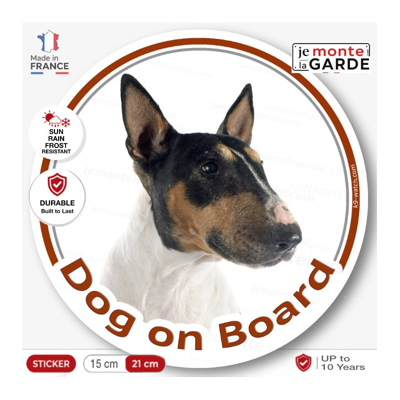 Tricolor English Bull Terrier, car circle sticker "Dog on board" 15 cm British Tricolour decal label adhesive photo notice