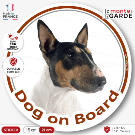 Tricolor English Bull Terrier, car circle sticker "Dog on board" 15 cm British Tricolour decal label adhesive photo notice