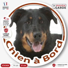 Beauceron noir et feu, sticker rond "Chien à Bord" Disque adhésif Berger de Beauce voiture auto vitre photo, résiste dehors