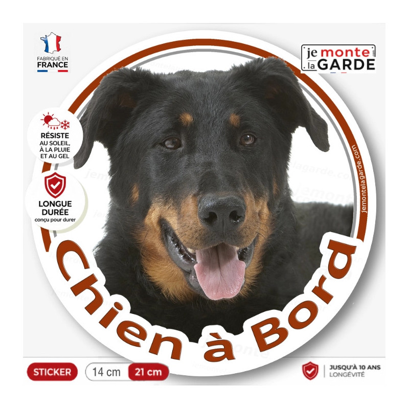 Beauceron noir et feu, sticker rond "Chien à Bord" Disque adhésif Berger de Beauce voiture auto vitre photo, résiste dehors