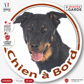 Beauceron noir et feu tête, sticker rond "Chien à Bord" adhésif Berger de Beauce voiture auto vitre photo, résiste dehors