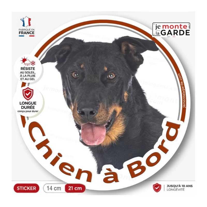 Beauceron noir et feu tête, sticker rond "Chien à Bord" adhésif Berger de Beauce voiture auto vitre photo, résiste dehors