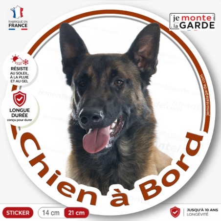 Berger Belge Malinois Fauve charbonné, masque noir, sticker autocollant rond "Chien à Bord" vitre voiture photo, résiste dehors