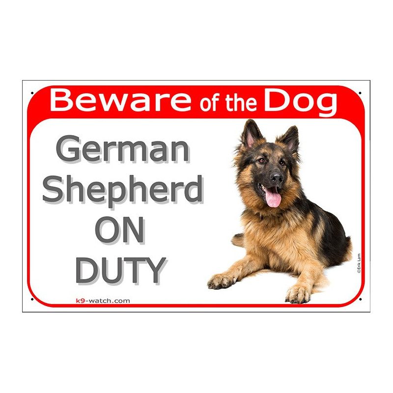 Beware of Dog sign with black & tan Longhaired German Shepherd, weather-resistant outdoors, made in France – distinctive gift