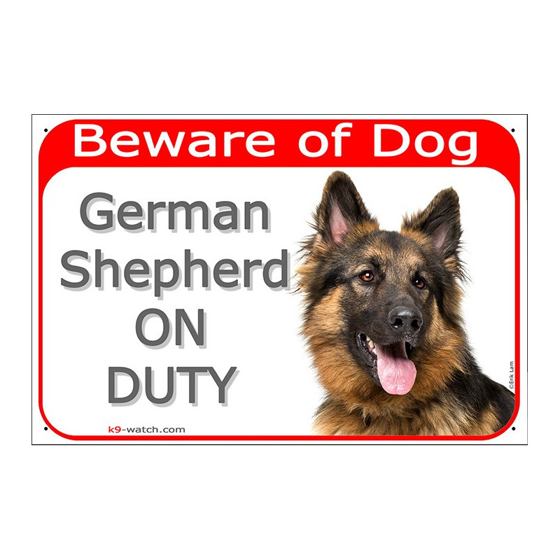 Beware of Dog sign, black & tan Longhaired German Shepherd portrait, weather-resistant outdoors, made in France – great GSD gift