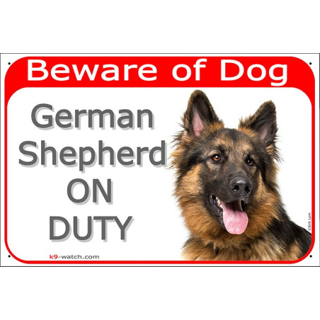 Beware of Dog sign, black & tan Longhaired German Shepherd portrait, weather-resistant outdoors, made in France – great GSD gift
