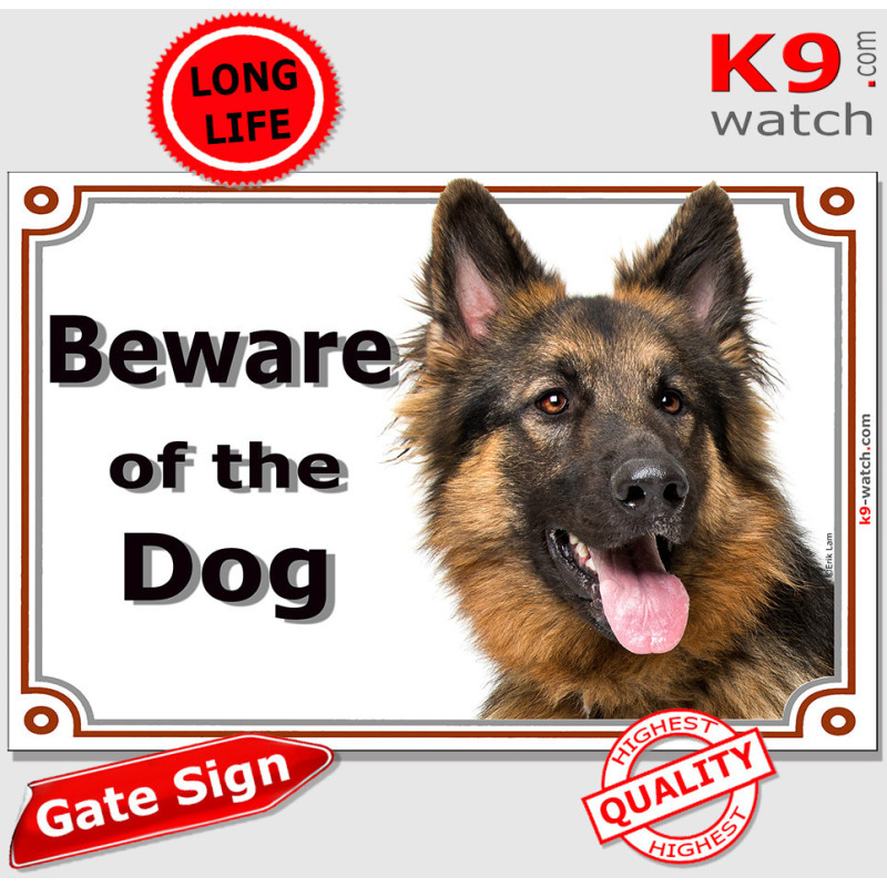 Beware of the Dog gate sign, black & tan Longhaired German Shepherd, weather-resistant outdoors, made in France – ideal GSD gift