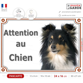 Berger des Shetland tricolore, plaque portail "Attention au Chien" photo Sheltie noir et feu, résiste dehors, idée cadeau