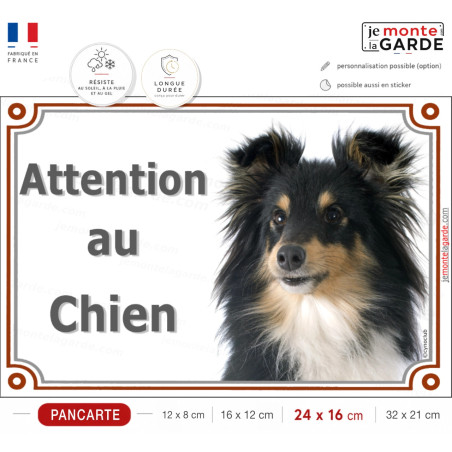Berger des Shetland tricolore, plaque portail "Attention au Chien" photo Sheltie noir et feu, résiste dehors, idée cadeau