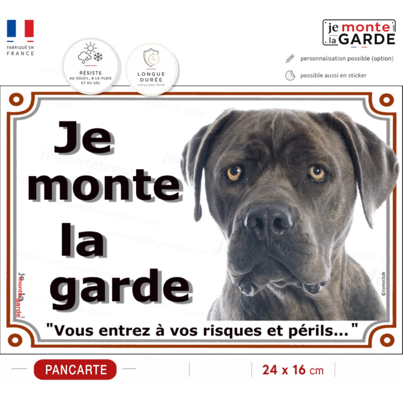 Cane Corso gris, plaque portail photo "Je Monte la Garde, vous entrez à vos risques et périls" résiste extérieur, idée cadeau Cane Corso gris, plaque portail photo "Je Monte la Garde, vous entrez à vos risques et périls" résiste extérieur, idée cadeau