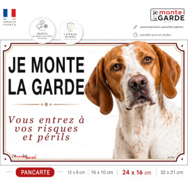 Pancarte Pointer Anglais orange et blanc "Je monte la garde" pour portail, résiste dehors, fabriquée en France, idée cadeau