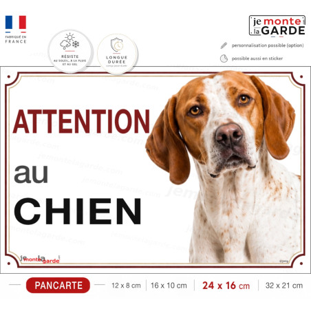 Pancarte Pointer Anglais "Attention au chien" orange et blanc pour portail, résiste dehors, fabriquée en France, idée cadeau