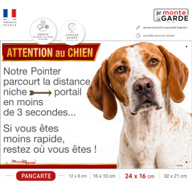 Pancarte Pointer Anglais "Niche portail en moins de 3 secondes", orange et blanc, humour, résiste dehors, fabriquée en France