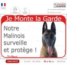 Berger Belge Tête, plaque portail rouge "Je Monte la Garde, notre Malinois surveille et protège" photo, résiste pluie soleil gel