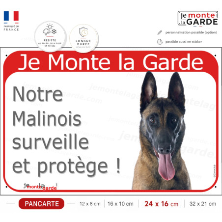 Berger Belge Tête, plaque portail rouge "Je Monte la Garde, notre Malinois surveille et protège" photo, résiste pluie soleil gel
