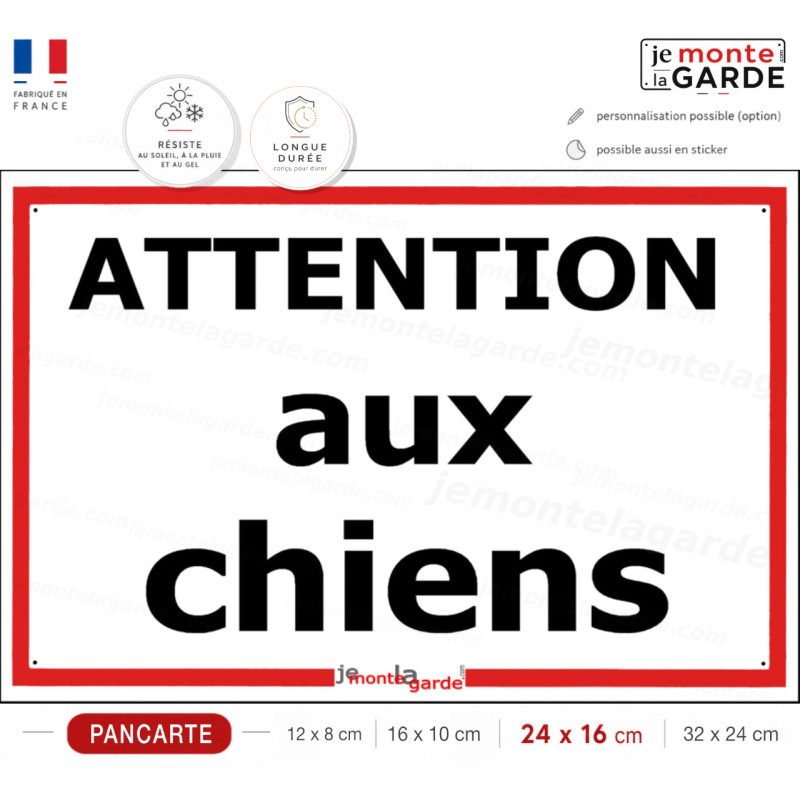 "Attention auX ChienS" Plaque de Portail pluriel avec liseré rouge, résiste intempéries, fabriqué en France