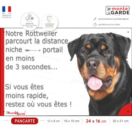 Plaque portail humour "Notre Rottweiler parcourt la distance Niche-Portail moins 3 secondes" Photo résiste intempéries