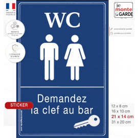 autocollant bleu WC hommes femmes demandez la clef au bar pour restaurant café brasserie et établissement public