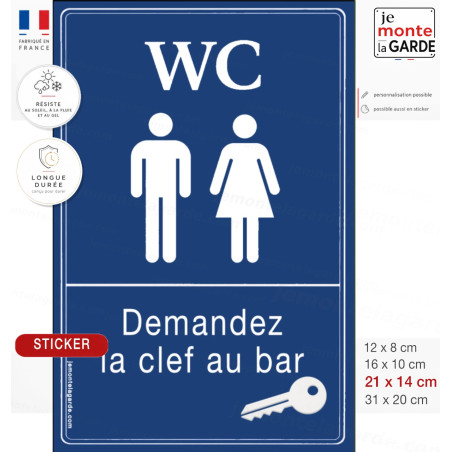 autocollant bleu WC hommes femmes demandez la clef au bar pour restaurant café brasserie et établissement public