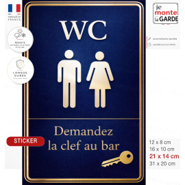 Autocollant WC bleu nuit et doré haut de gamme demandez la clef au bar pour hôtel restaurant brasserie