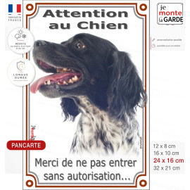 Epagneul Breton Noir, pancarte portail "Attention au Chien, pas sans autorisation" verticale, photo, résiste à l'extérieur