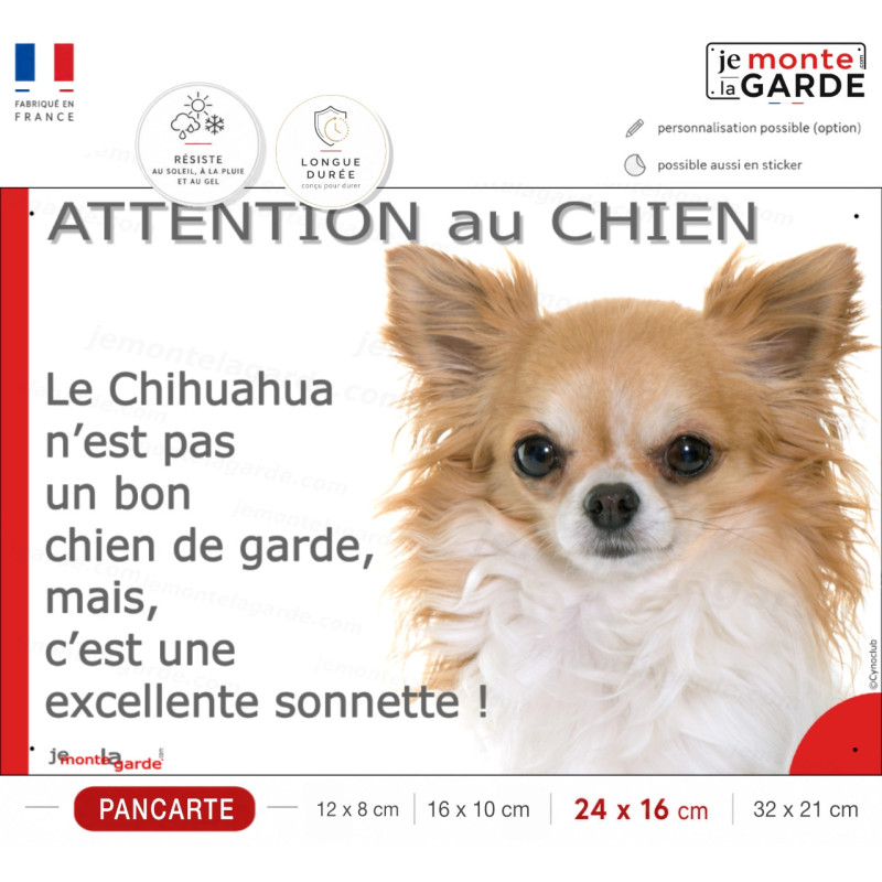 plaque portail humour "Attention au Chien, notre Chihuahua fauve et blanc à poils longs est une sonnette" photo, résiste dehors plaque portail humour "Attention au Chien, notre Chihuahua fauve et blanc à poils longs est une sonnette" photo, résiste dehors