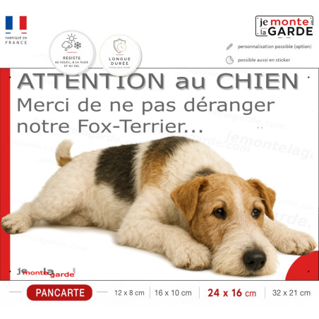 Plaque portail humour extérieure "Attention au Chien, Merci de ne pas déranger notre Fox-terrier tricolore poils durs" Photo