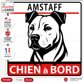 Disque autocollant "Amstaff à Bord" en noir et blanc. Sticker adhésif rond vitre voiture résiste intempéries