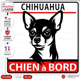 Autocollant "Chihuahua poils courts à Bord" en noir et blanc. Sticker adhésif rond vitre voiture résiste intempéries