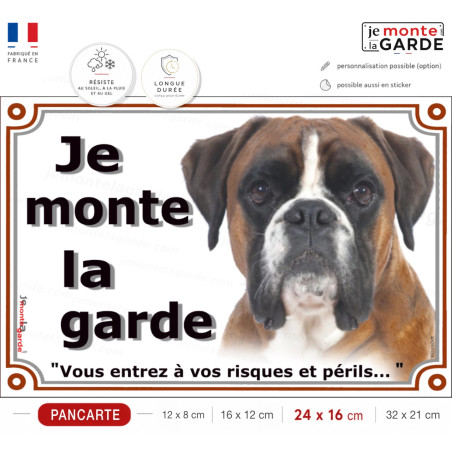 Boxer Fauve marron Tête, plaque portail extérieur "Je Monte la Garde, vous entrez à vos risques et périls" photo, résiste dehors