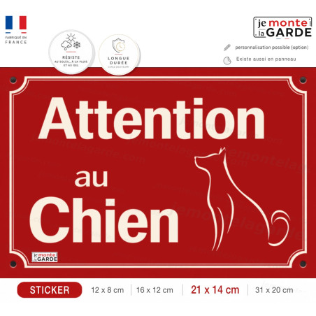 Sticker "Attention au Chien" rouge avec silhouette canine, quatre formats, résiste dehors et fabriqué en France