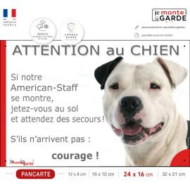 Plaque portail humour Amstaff blanc et noir "Attention au Chien, Jetez Vous au Sol" american Stafford terrier, résiste dehors