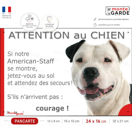 Plaque portail humour Amstaff blanc et noir "Attention au Chien, Jetez Vous au Sol" american Stafford terrier, résiste dehors
