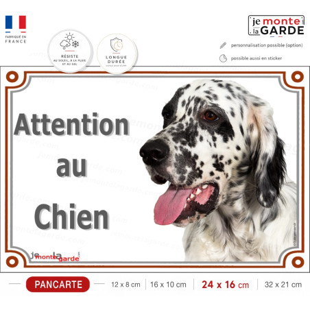 Setter Anglais noir et blanc, plaque portail "Attention au Chien" porte rue entrée, résiste à l'extérieur, fabriqué en France