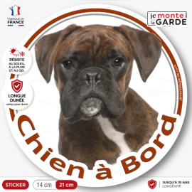 Boxer bringé marron Tête, sticker autocollant rond "Chien à Bord" Disque photo vitre voiture Boxeur zébré résiste dehors